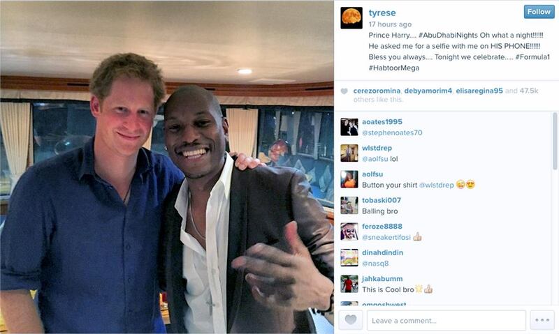 Prince Harry and Tyrese gibson. This picture is a screen grom from Gibson’s instagram.