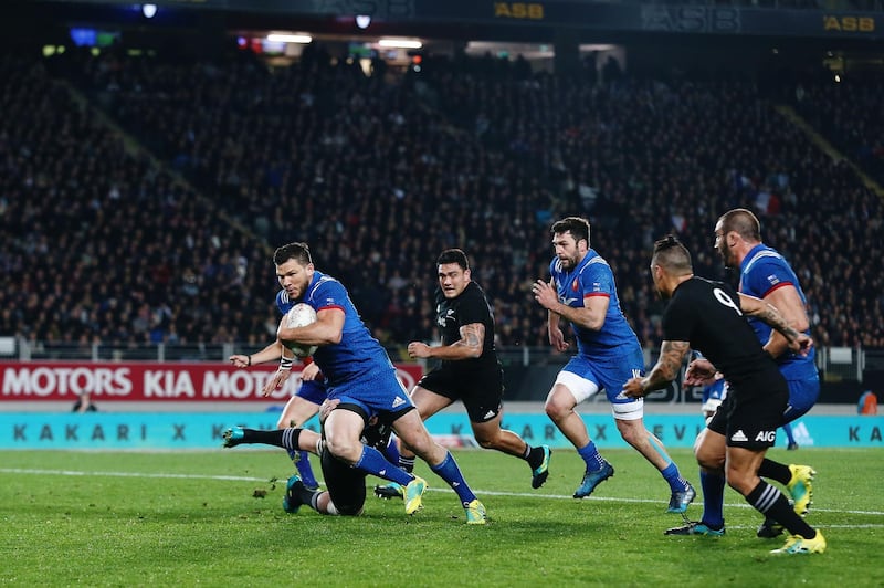 AUCKLAND, NEW ZEALAND - JUNE 09:  Remy Grosso of France makes a break during the International Test match between the New Zealand All Blacks and France at Eden Park on June 9, 2018 in Auckland, New Zealand.  (Photo by Anthony Au-Yeung/Getty Images)