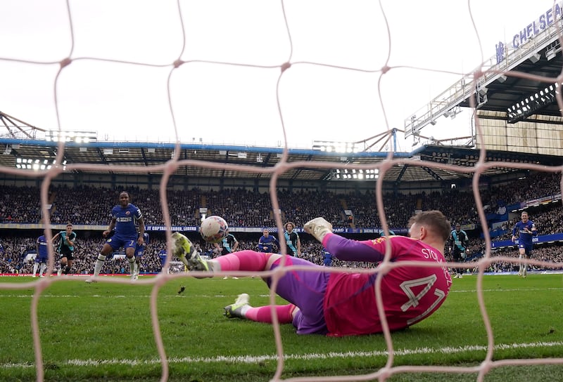 Chelsea's Raheem Sterling has his penalty saved by Leicester keeper Jakub Stolarczyk. PA