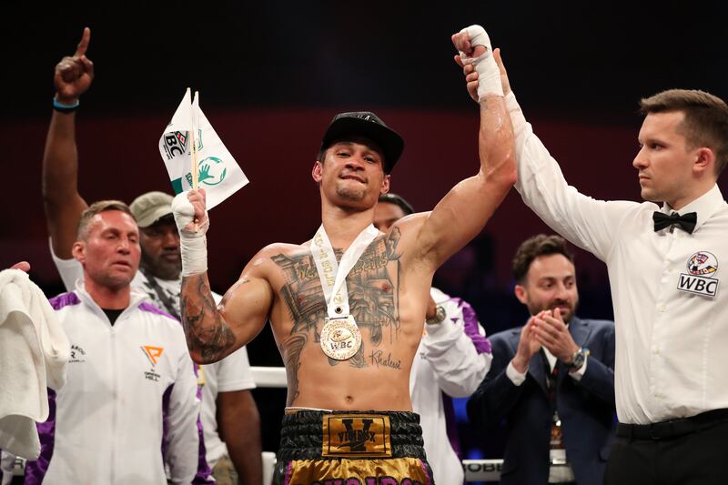 Regis Prograis has his arm raised in victory after beating Tyrone McKenna. 