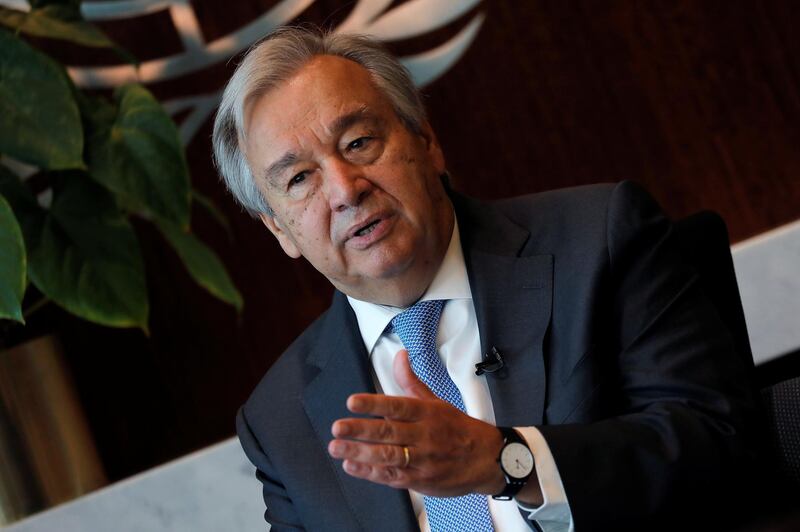 United Nations Secretary-General Antonio Guterres speaks during an interview with Reuters at U.N. headquarters in New York City, New York, U.S., September 14, 2020. Picture taken September 14, 2020. REUTERS/Mike Segar