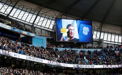 FILE PHOTO: Soccer Football - Premier League - Manchester City v Chelsea - Etihad Stadium, Manchester, Britain - February 10, 2019  General view of the big screen paying tribute to Emiliano Sala before the match        Action Images via Reuters/Carl Recine  EDITORIAL USE ONLY. No use with unauthorized audio, video, data, fixture lists, club/league logos or "live" services. Online in-match use limited to 75 images, no video emulation. No use in betting, games or single club/league/player publications.  Please contact your account representative for further details./File Photo