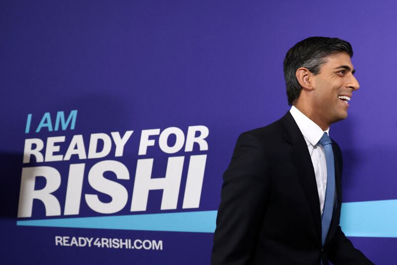 Mr Sunak arrives at a London event to launch his campaign to be the next Conservative Party leader and UK prime minister. Reuters