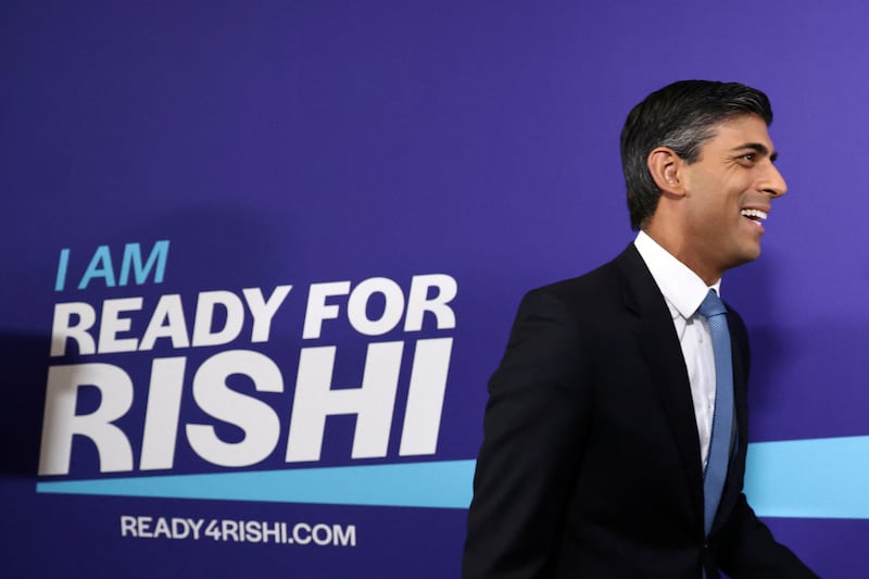 Mr Sunak arrives at a London event to launch his campaign to be the next Conservative Party leader and UK prime minister. Reuters
