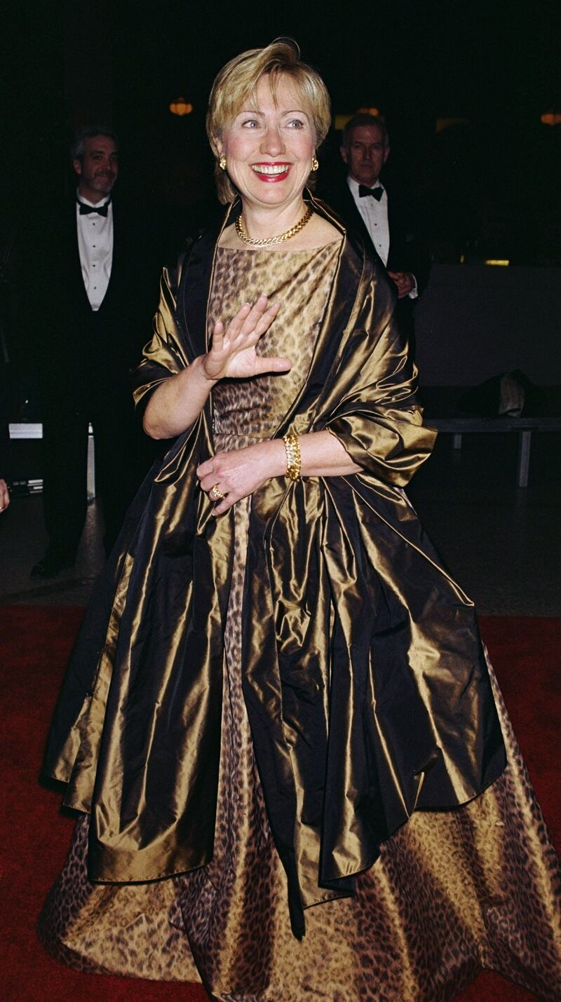 Hillary Clinton in a leopard print gown at the 2001 Met Gala. Getty Images