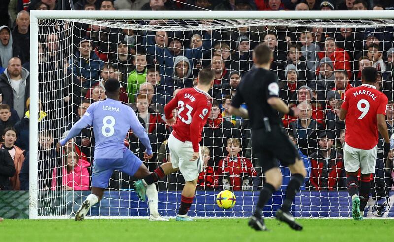 Luke Shaw scores for United. Reuters