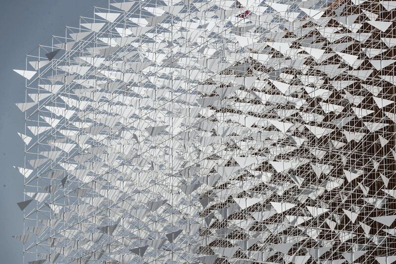 The Polish pavilion at the EXPO 2021 site nears completion. The pavilion has metal birds on the outside and inside that are partially installed along with a special wood panelled interior and exterior on May 2nd, 2021. 
Antonie Robertson / The National.
Reporter: Ramola Talwar for National