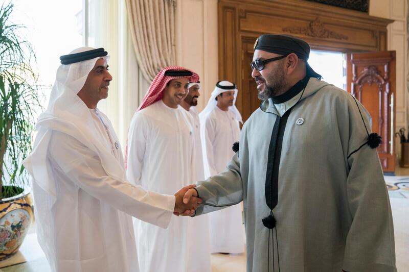 ABU DHABI, UNITED ARAB EMIRATES - September 10, 2018: HH Lt General Sheikh Saif bin Zayed Al Nahyan, UAE Deputy Prime Minister and Minister of Interior (L), greets HM King Mohamed VI of Morocco (R), during a Sea Palace barza. Seen with HH Sheikh Mansour bin Zayed Al Nahyan, UAE Deputy Prime Minister and Minister of Presidential Affairs (2nd L).

( Mohamed Al Hammadi / Crown Prince Court - Abu Dhabi )
---