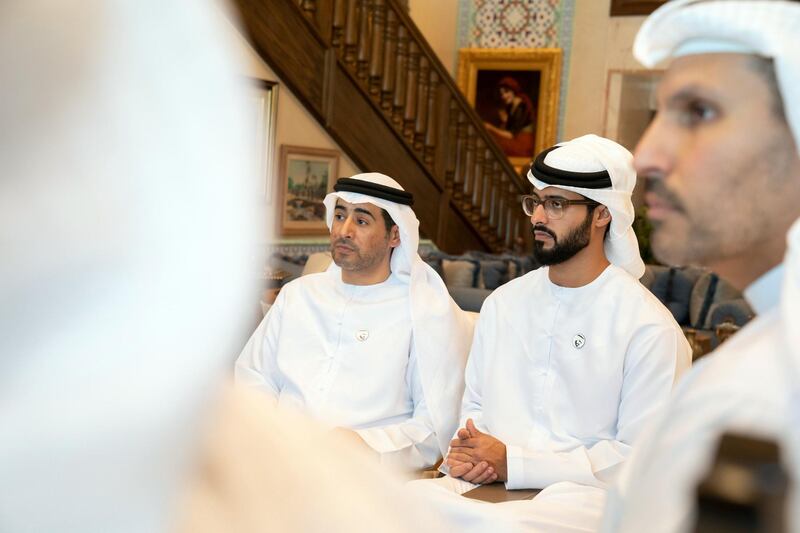 ABU DHABI, UNITED ARAB EMIRATES - September 19, 2019: HH Sheikh Zayed bin Hamdan bin Zayed Al Nahyan (R) and  HE Ali Saeed Al Neyadi  (L), attend a meeting with Michael R Pompeo, Secretary of State of the United States of America (not shown), at the Sea Palace


( Mohamed Al Hammadi / Ministry of Presidential Affairs )
---