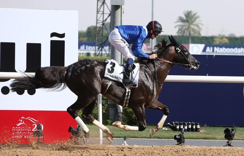 Manark ridden by Dane O ’ Neill wins the Dubai Kahayla Classic race at the Meydan Racecourse in Dubai. ( Pawan Singh / The National )