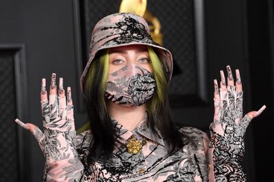 TOPSHOT - In this handout photo courtesy of The Recording Academy, US singer-songwriter Billie Eilish attends the 63rd Annual Grammy Awards at Los Angeles Convention Center in Los Angeles on March 14, 2021.  - RESTRICTED TO EDITORIAL USE - MANDATORY CREDIT "AFP PHOTO / Kevin MAZUR / The Recording Academy via Getty Images" - NO MARKETING - NO ADVERTISING CAMPAIGNS - DISTRIBUTED AS A SERVICE TO CLIENTS
 / AFP / The Recording Academy / The Recording Academy / Kevin Mazur / RESTRICTED TO EDITORIAL USE - MANDATORY CREDIT "AFP PHOTO / Kevin MAZUR / The Recording Academy via Getty Images" - NO MARKETING - NO ADVERTISING CAMPAIGNS - DISTRIBUTED AS A SERVICE TO CLIENTS
