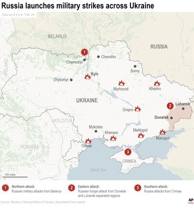 The map shows the locations of known Russian military strikes in Ukraine on February 24 after Russia announced a military invasion of its western neighbour. AP