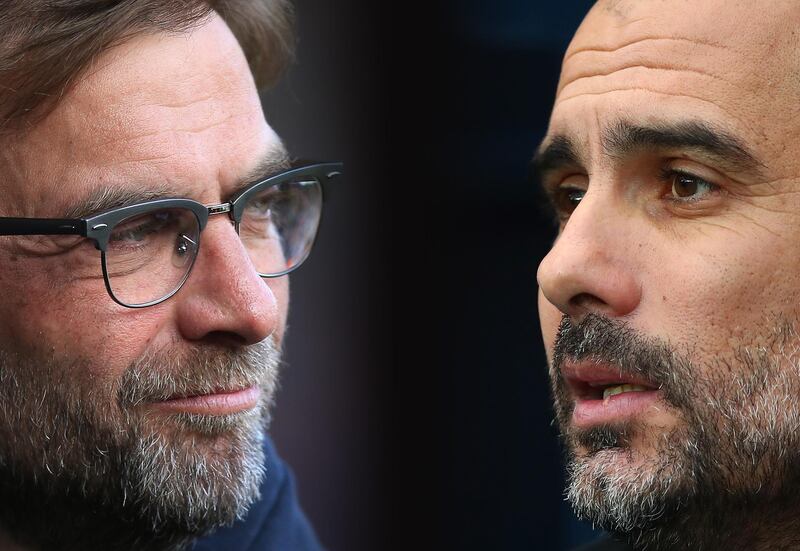 FILE PHOTO (EDITORS NOTE: GRADIENT ADDED - COMPOSITE OF TWO IMAGES - Image numbers (L) 531578890 and 899524772) In this composite image a comparision has been made between Jurgen Klopp, Manager of Liverpool (L) and Manchester City manager Josep Guardiola. Liverpool and Manchester City meet in a Premier League fixture on January 14, 2018  at Anfield in Liverpool, England.   ***LEFT IMAGE*** WEST BROMWICH, ENGLAND - MAY 15: Jurgen Klopp, manager of Liverpool looks on during the Barclays Premier League match between West Bromwich Albion and Liverpool at The Hawthorns on May 15, 2016 in West Bromwich, England. (Photo by Ben Hoskins/Getty Images) ***RIGHT IMAGE*** MANCHESTER, ENGLAND - DECEMBER 23: Manchester City manager Josep Guardiola looks on during the Premier League match between Manchester City and AFC Bournemouth at Etihad Stadium on December 23, 2017 in Manchester, England. (Photo by Clive Brunskill/Getty Images)