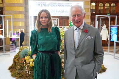 Stella McCartney with Britain's Prince Charles at the Cop26 summit last month, where the designer called for a ban on the use of fur and leather. AP