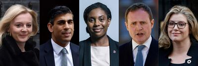 The five candidates left in the Conservative leadership race. From left, Liz Truss, Rishi Sunak, Kemi Badenoch, Tom Tugendhat and Penny Mordaunt. AFP