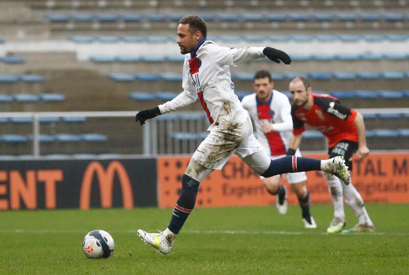 Paris St Germain's Neymar scores their first goal from the penalty spot. Reuters