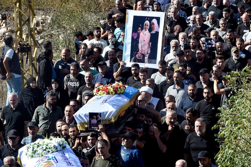 The funeral of three children and their grandmother killed in an Israeli air strike in Blida, Lebanon. EPA
