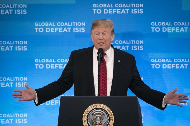 U.S. President Donald Trump speaks during the Global Coalition to Defeat ISIS meeting at the State Department in Washington, D.C., U.S., on Wednesday, Feb. 6, 2019. Trump said the U.S. military and its allies will probably control all territory once held by Islamic State by next week. Photographer: Al Drago/Bloomberg