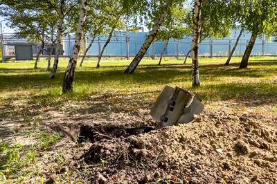 A rocket fragment after shelling is seen near the Zaporizhzhia Nuclear Power Station. AP