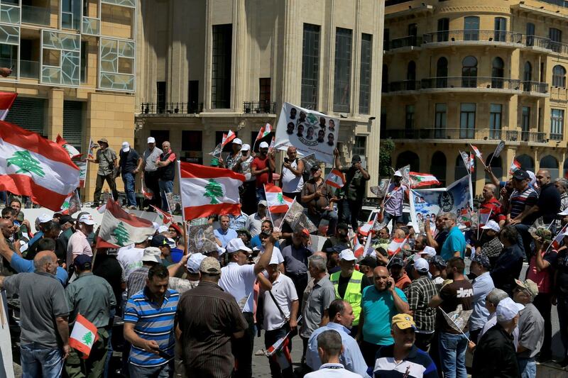 Retired army officers and soldiers protest in front of the Lebanese Finance Ministry in Bchara Al-Khoury Street in Beirut, Lebanon. EPA