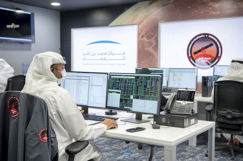 DUBAI, UNITED ARAB EMIRATES - February 09, 2021: Member of Mohammed Bin Rashid Space Centre participates during the arrival of the Hope Probe in the orbit of Mars.

( Rashid Al Mansoori / Ministry of Presidential Affairs )
---