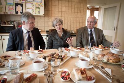 Britain's Prime Minister Theresa May has lunch with farmers at Fairview Farm in Bangor, Northern Ireland, March 29, 2018.   Stefan Rousseau/Pool via Reuters
