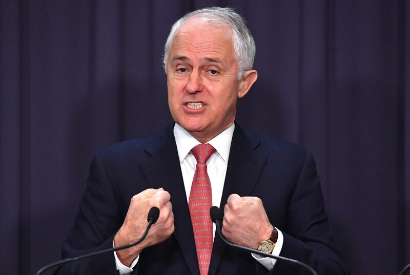 Prime Minister Malcolm Turnbull reacts during a media conference at Parliament House in Canberra, Australia, August 18, 2017.      AAP/Mick Tsikas/via REUTERS    ATTENTION EDITORS - THIS IMAGE WAS PROVIDED BY A THIRD PARTY. NO RESALES. NO ARCHIVE. AUSTRALIA OUT. NEW ZEALAND OUT.