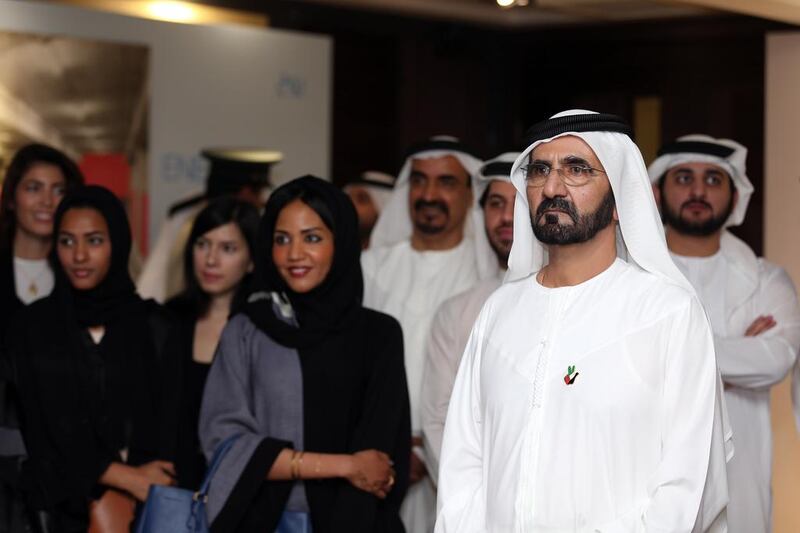 Sheikh Mohammed bin Rashid, Vice President and Ruler of Dubai, launches Dubai Speaks to You, a project bringing together the country’s best artists in a celebration of the city and its people. “Dubai is your canvas,” he told the young artists who attended. Courtesy Dubai Government Media Office