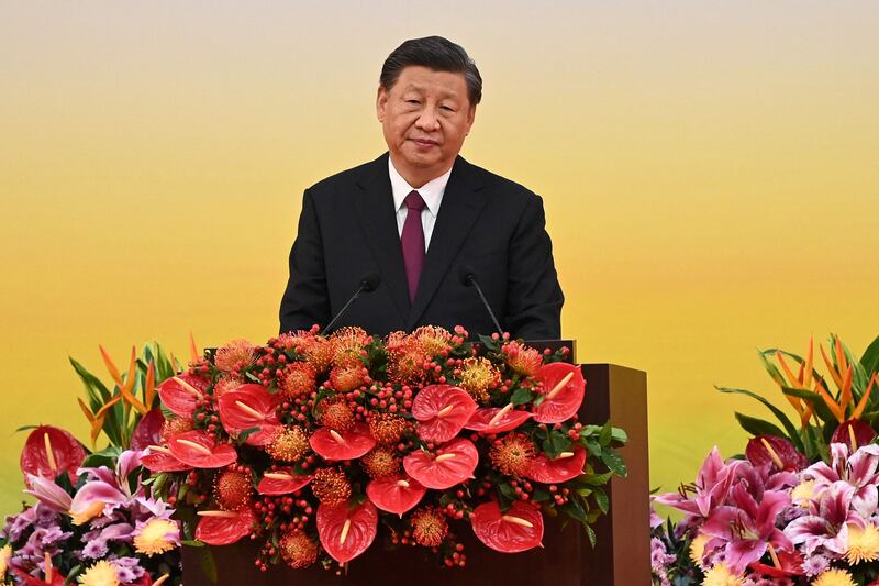 China's President Xi Jinping gives a speech at the swearing-in ceremony of Hong Kong's new chief executive, on the 25th anniversary of the city's handover from Britain to China.  AFP