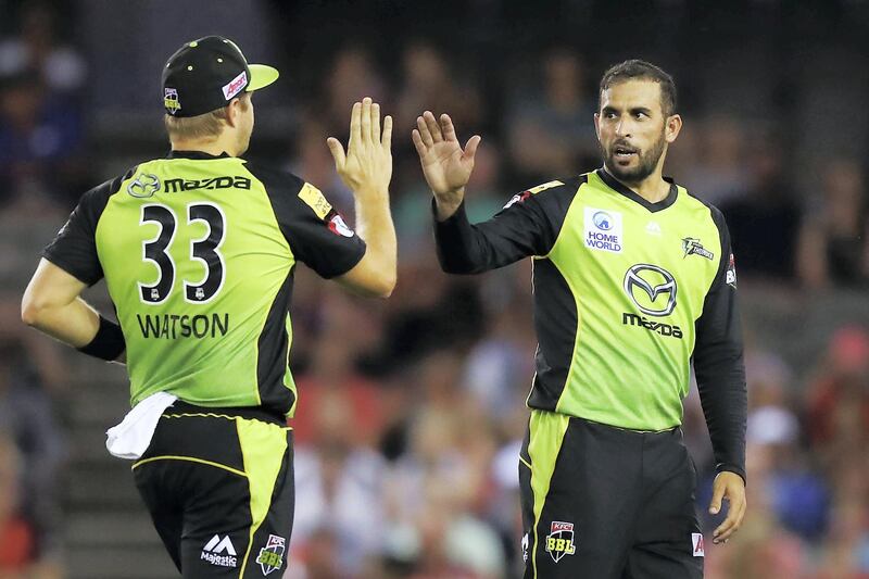 MELBOURNE, AUSTRALIA - JANUARY 30: Fawad Ahmed of the Thunder celebrates a wicket during the Big Bash League match between the Melbourne Renegades and Sydney Thunder at Marvel Stadium on January 30, 2019 in Melbourne, Australia. (Photo by Michael Dodge/Getty Images)