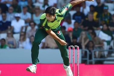 FILE - Pakistan's Mohammad Hasnain competes during the second T20 international cricket match between England and Pakistan at Headingley cricket ground in Leeds, England, on July 18, 2021.  Hasnain has been suspended from bowling in international cricket for illegal bowling action, the Pakistan Cricket Board said on Friday, Feb.  4, 2022. (AP Photo / Rui Vieira, File)