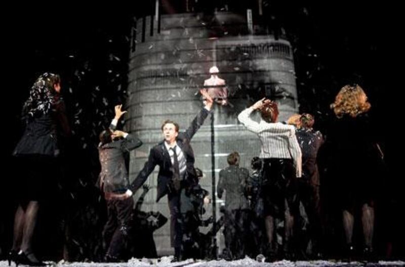 Cast members of Enron on stage at the Noel Coward Theatre in London.