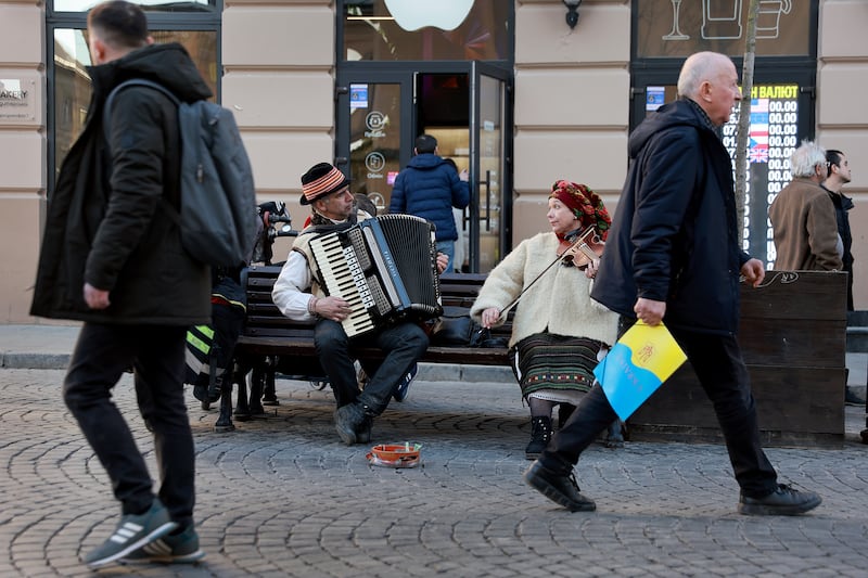 Musicians perform in Lviv as the western Ukrainian city prepares for the possibility of a Russian attack. Getty Images