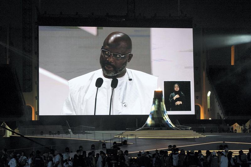 ABU DHABI, UNITED ARAB EMIRATES - March 21, 2019: HE George Weah, President of Liberia?, delivers a speech during the closing ceremony of the Special Olympics World Games Abu Dhabi 2019, at Zayed Sports City. 

( Hamad Al Mansoori for Ministry of Presidential Affairs )
---