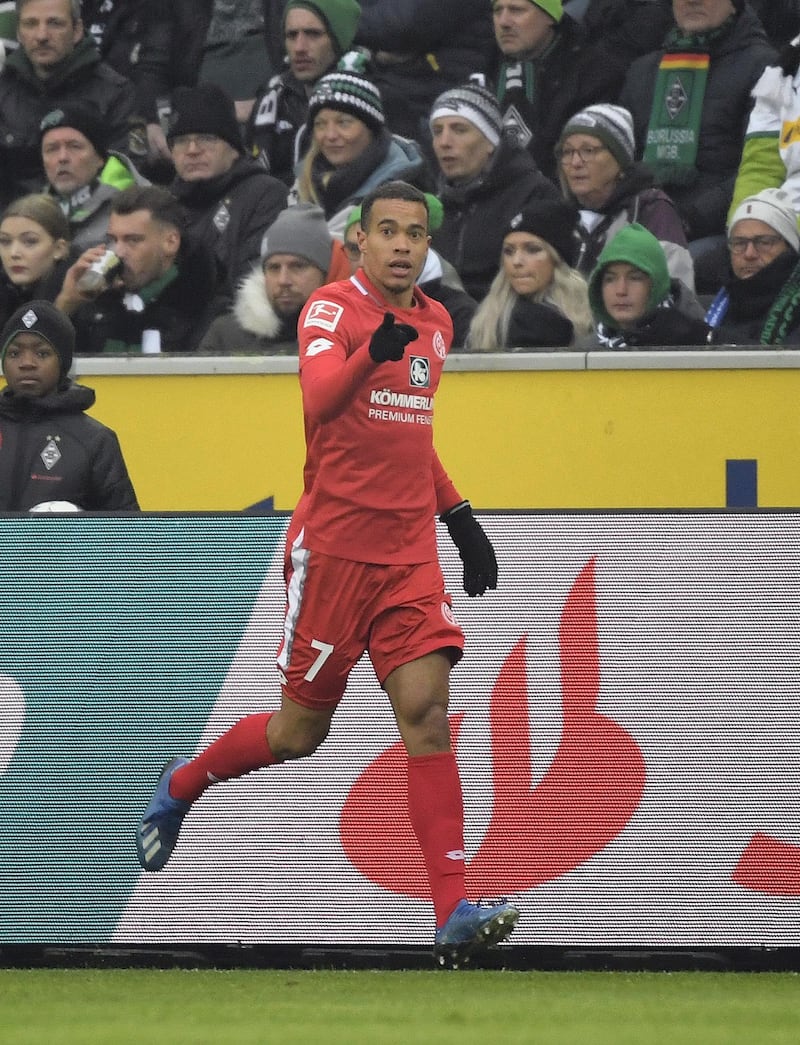 Mainz' Swedish midfielder Robin Quaison celebrates a goal during the German first division Bundesliga football match Borussia Moenchengladbach v Mainz 05 in Moenchengladbach on January 25, 2020. (Photo by INA FASSBENDER / AFP) / DFL REGULATIONS PROHIBIT ANY USE OF PHOTOGRAPHS AS IMAGE SEQUENCES AND/OR QUASI-VIDEO