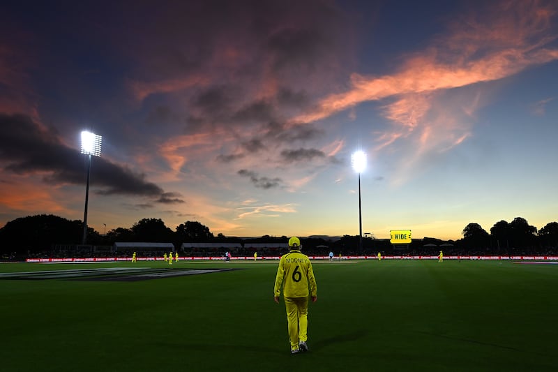 Sunset descends on the Hagley Oval during the 2022 Women's Cricket World Cup final. Getty