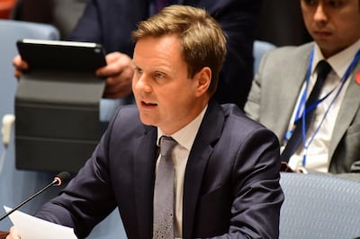 UN, MANHATTAN, NEW YORK, UNITED STATES - 2017/11/07: Stephen Hickey of the United Kingdom addresses council. The United Nations Security Council members heard a report on the status of Bosnia-Herzegovina from UN High Representative Valentin Inzko, after which the body voted to renew Resolution 2384 to continue support of the EUFOR Althea force, a continuous UN peace-keeping force deployed in the region since 2004. (Photo by Andy Katz/Pacific Press/LightRocket via Getty Images)