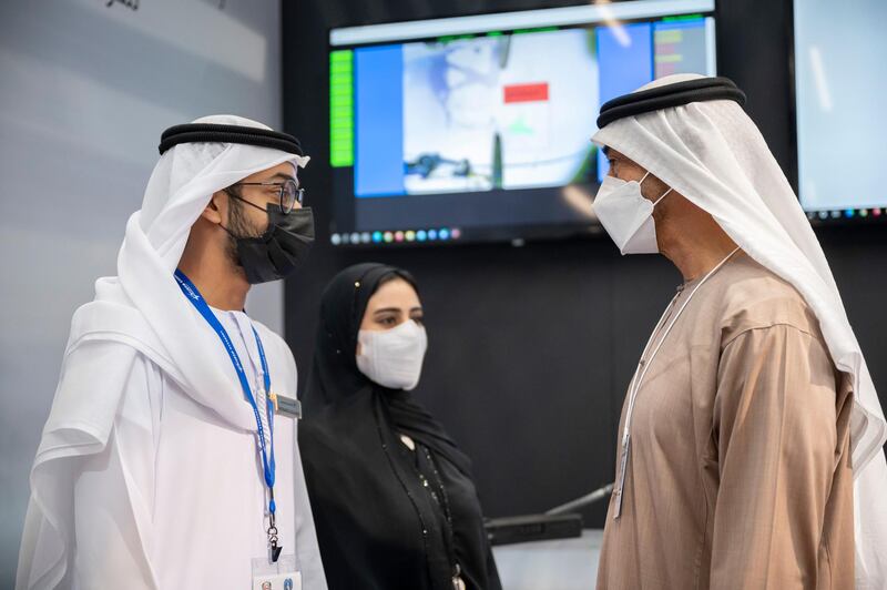ABU DHABI, UNITED ARAB EMIRATES - February 25, 2021: HH Sheikh Mohamed bin Zayed Al Nahyan, Crown Prince of Abu Dhabi and Deputy Supreme Commander of the UAE Armed Forces (R), tours the International Defence Exhibition and Conference (IDEX), at ADNEC.

( Rashed Al Mansoori / Ministry of Presidential Affairs )
---