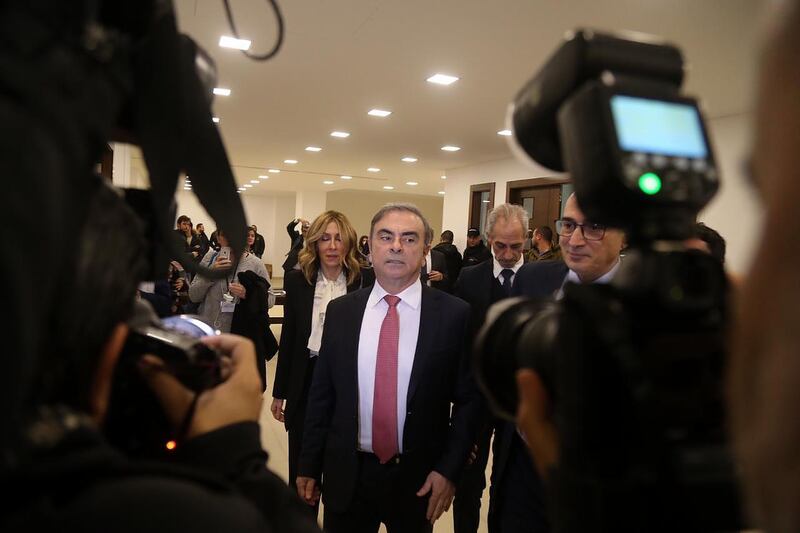 EDITORS NOTE: Best quality available. Carlos Ghosn, former chief executive officer of Nissan Motor Co. and Renault SA, and his wife Carole, left, arrive for a news conference at the Lebanese Press Syndicate in Beirut, Lebanon, on Wednesday, Jan. 8,. 2020. “Ripped from my family, my friends, my communities, from Renault, Nissan and Mitsubishi and the 450,000 women and men who comprise those companies. It is impossible to express the depth of that deprivation and my profound appreciation to once again be able to be reunited with my family and loved ones,” Ghosn said. Photographer: Hasan Shaaban/Bloomberg
