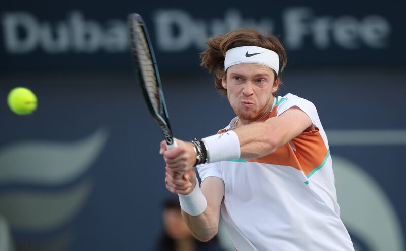 Andrey Rublev hots a backhand to Soonwoo Kwon during their second round match at the Dubai Duty Free Tennis Championships. EPA