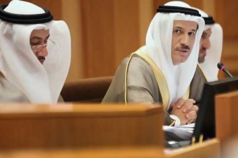 Sultan Al Mansouri, Minister of Economy, makes a point during the FNC meeting. Delores Johnson / The National