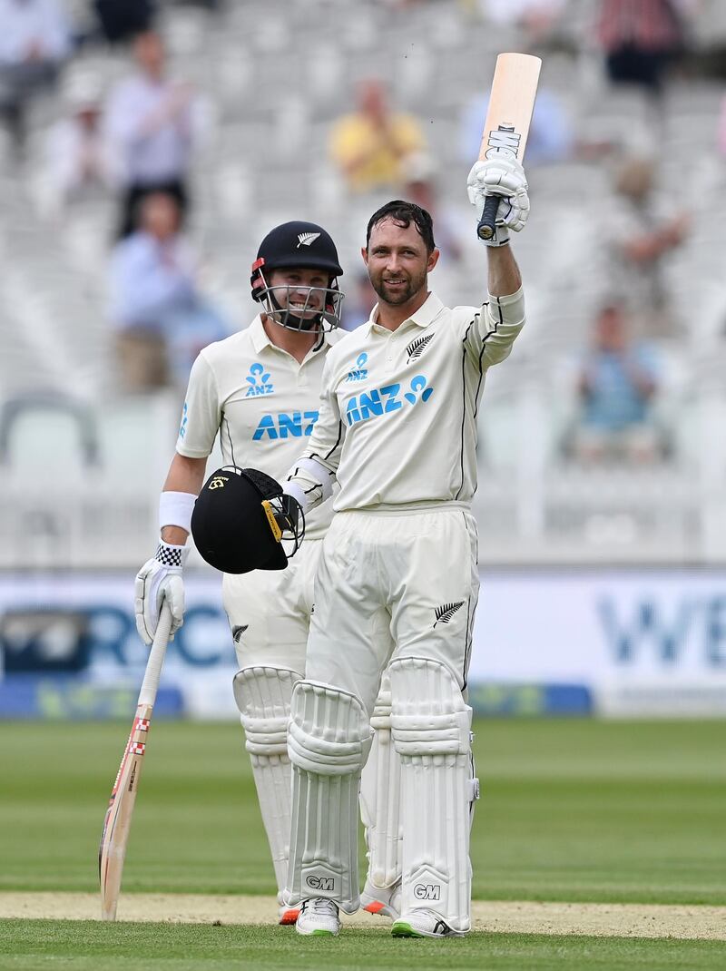 Devon Conway of New Zealand celebrates reaching his century on day one of the first Test against England. Getty