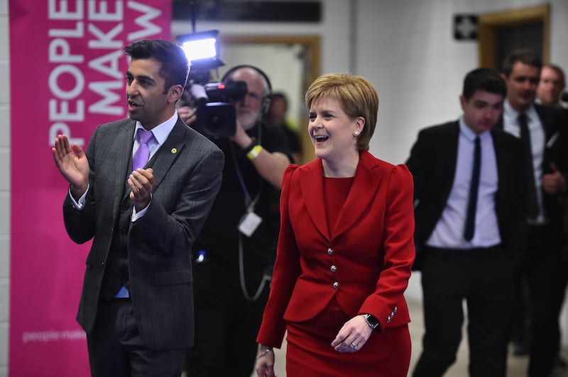 Mr Yousaf with Nicola Sturgeon, leader of the ruling SNP at the time, at the count for the Scottish Parliament elections in 2016 in Glasgow. Getty Images