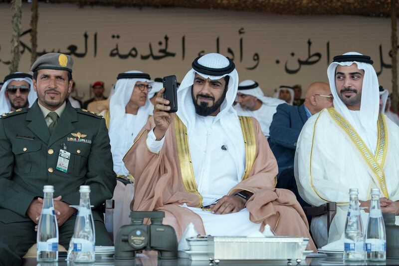 ZAYED MILITARY CITY, ABU DHABI, UNITED ARAB EMIRATES - November 28, 2017: HH Sheikh Zayed bin Sultan bin Khalifa Al Nahyan (R) and HH Sheikh Diab bin Tahnoon bin Mohamed Al Nahyan (2nd R), attend the graduation ceremony of the 8th cohort of National Service recruits and the 6th cohort of National Service volunteers at Zayed Military City. 
( Mohamed Al Hammadi / Crown Prince Court - Abu Dhabi )
---