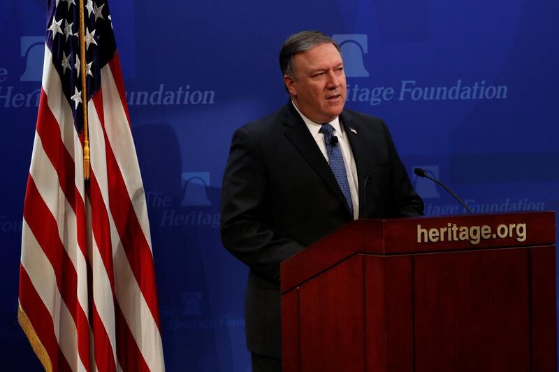 U.S. Secretary of State Mike Pompeo delivers remarks on the Trump administration's Iran policy at the Heritage Foundation in Washington, U.S. May 21, 2018.  REUTERS/Jonathan Ernst