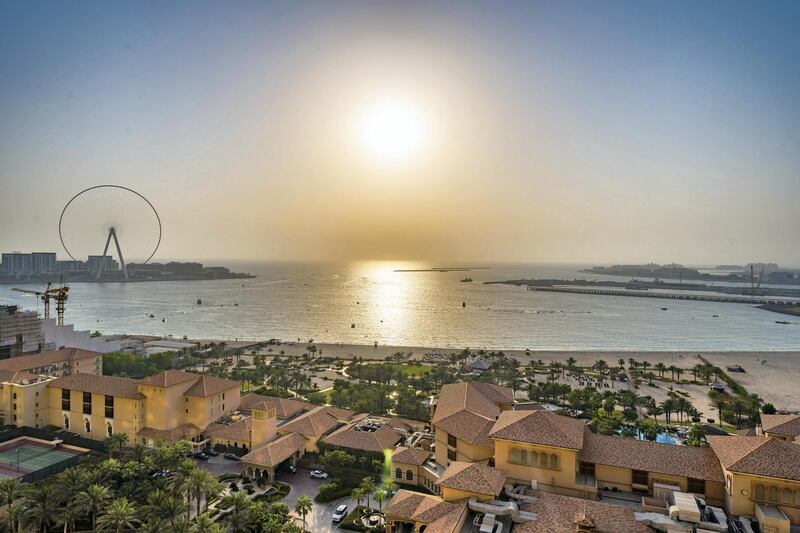 The view out on to the Arabian Gulf with Bluewaters Island to the left and Palm Jumeirah to the right. Courtesy LuxuryProperty.com