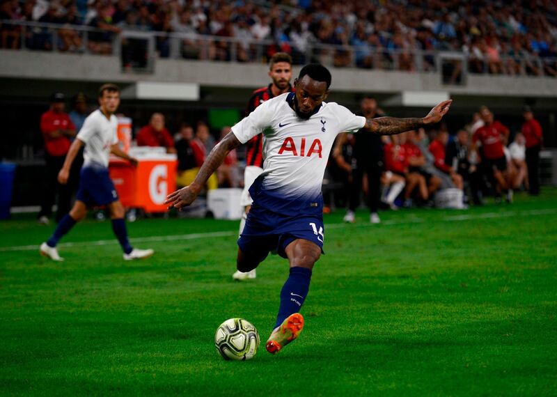 Tottenham Hotspur's Frensh defender Georges-Kevin N'Koudou (C) shoots the ball during the International Champions Cup friendly football match between AC Milan and Tottenham Hotspur at US Bank Stadium in Minneapolis, Minnesota, on July 31, 2018.  / AFP PHOTO / STEPHEN MATUREN