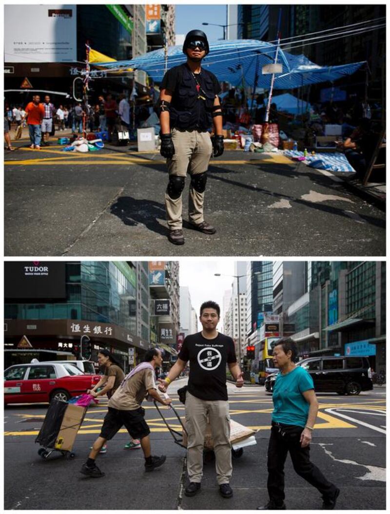 Top, Andy Yung, 30, a lifeguard, at Nathan Road in Mongkok shopping district on  October 7, 2014, and bottom, at the same location on September 17, 2015. Mr Yung said: "I think the Occupy movement is a once in a 100-year-event in Hong Kong. Although my family was against my participation in this movement, I will not give up any opportunity to fight for democracy." Reuters