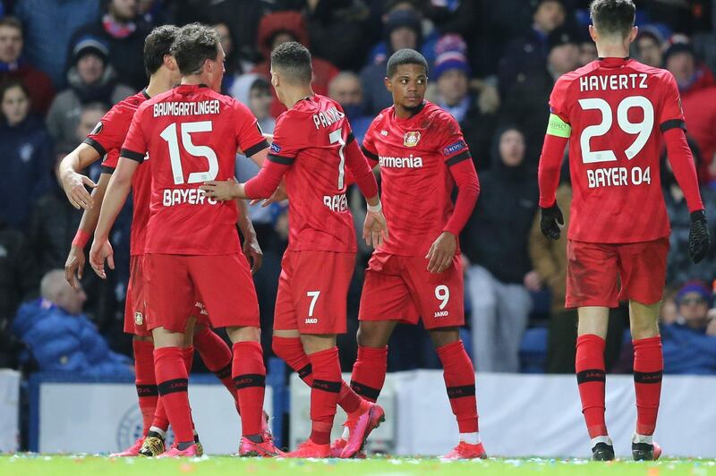 epa08290775 Leon Bailey of Bayer Leverkusen (2-R) celebrates with his team mates after scoring  during the UEFA Europa League Round of 16, first leg soccer match between Glasgow Rangers and Bayer Leverkusen in Glasgow, Britain, 12 March 2020.  EPA/ROBERT PERRY