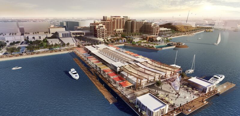 Yas Bay Pier // ABU DHABI, UAE – 8 May 2017: Rendering of Miral’s AED12 billion master development plan to transform the southern end of Yas Island in Abu Dhabi. The development is comprised of three distinct areas: Yas Bay, a vibrant public waterfront and entertainment district; the Media Zone, featuring the new campus of twofour54; and the Residences at Yas Bay, an urban island community, offering the complete Yas Island lifestyle. Courtesy Miral  *** Local Caption ***  Yas Bay Pier.jpg
